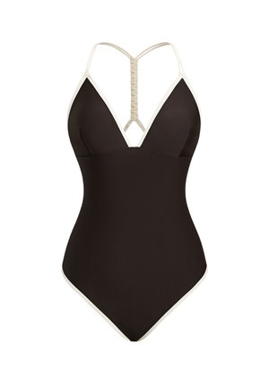 Schwarzer Einteiler-Badeanzug mit cremefarbenen Akzenten, der  über einen tiefen Ausschnitt und ein geflochtenes Rückenträgermuster verfügt. Glatte Textur.