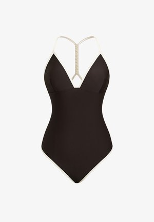 Zwarte eenstukswimwear met ivoorkleurige accenten, met een diepe neklijn en een gevlochten rugbandontwerp. Gladde textuur.