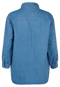 Camicia in denim, azzurro chiaro, maniche lunghe, polsini con bottoni, vista posteriore che mostra una vestibilità comoda, colletto e texture semplice senza motivo o decorazione.