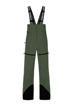 Pantalones de esquí impermeables verdes con tirantes negros ajustables, dos bolsillos delanteros con cremallera y detalles de tela negra en los puños.