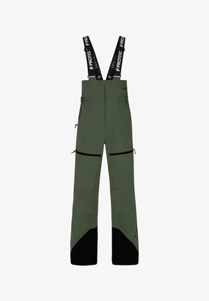 Groene waterdichte skibroek met verstelbare zwarte bretels, twee voorzakken met rits en zwarte stoffen accenten bij de manchetten.