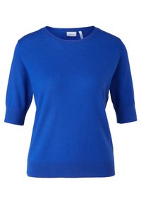 Blå kortärmad tröja gjord av ett mjukt stickat tyg. Har en rundad halsringning och ribbad nederkant, med en slät yta.