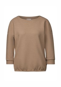 Brauner strukturierter Pullover mit Dreiviertelärmeln, rundem Halsausschnitt und gerafftem Saum. Verfügt über dezente seitliche Details an den Bündchen.