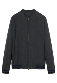 Blouson aviateur gris foncé à fermeture éclair intégrale, avec col et poignets côtelés, présentant deux bandes horizontales noires sur les poignets et l'ourlet.