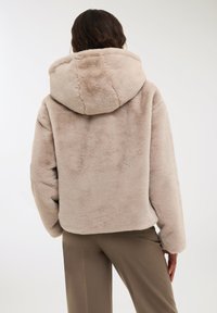 Corta giacca in pelliccia sintetica beige con un grande cappuccio, caratterizzata da una vestibilità comoda e maniche larghe, vista da dietro. Texture liscia e morbida.