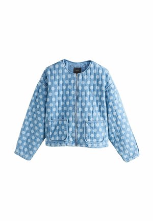 Hellblaue gesteppte Jacke mit weißen Punkten, durchgehendem Reißverschluss, rundem Ausschnitt, langen Ärmeln und zwei aufgesetzten Taschen vorne.