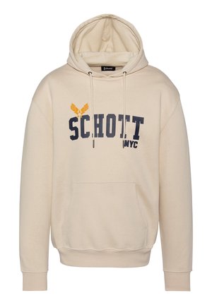 Sweat à capuche beige avec poche avant, texte noir "SCHOTT NYC" et petit emblème orange ailé sur la poitrine.
