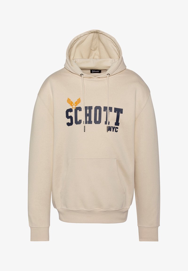 Sweat à capuche beige avec poche avant, texte noir "SCHOTT NYC" et petit emblème orange ailé sur la poitrine.