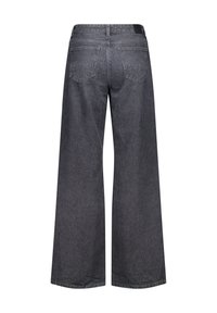Wide-leg jeans in dark gray with a pinstripe pattern. Features two back pockets and a high waist. Material appears textured and durable.