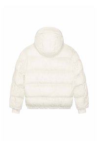 Giacca imbottita bianca con cappuccio, caratterizzata da un design trapuntato, polsini elasticizzati e silhouette corta. Tessuto liscio e leggero.