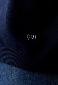 Navyblauer Strickpullover mit geripptem Saum und mit Strasssteinen verziertem "OUI" auf der Vorderseite. Weiche Textur. Kombiniert mit blauer Jeans.