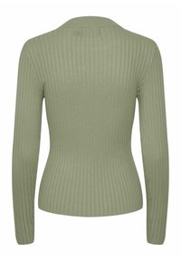 Pull à manches longues en maille côtelée vert clair avec taille ajustée, vu de dos sur fond blanc.