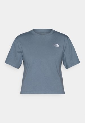 Light blue, cotton short-sleeve t-shirt with a crew neckline and a small white logo on the left chest. Cropped hem design.