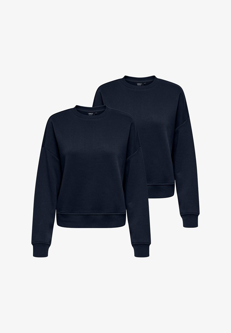 Due felpe di colore blu navy sono esposte. Presentano un collo a giro, maniche lunghe e polsini e orlo ribattuti. Il tessuto appare morbido e liscio.