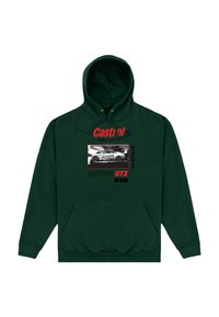 Sudadera con capucha verde oscuro con texto rojo "Castrol" y "GTX", un gráfico de un coche de carreras en blanco y negro, y caracteres japoneses en el frente.