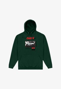 Sudadera con capucha verde oscuro con texto rojo "Castrol" y "GTX", un gráfico de un coche de carreras en blanco y negro, y caracteres japoneses en el frente.