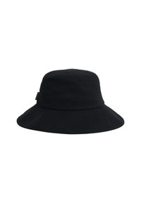 Black bucket hat made of cotton, featuring a wide, flexible brim and a smooth texture. Includes a small accent tag on the side.