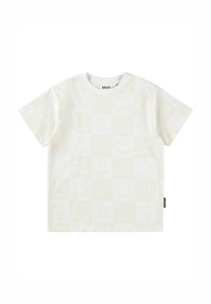 T-shirt blanc à manches courtes avec un motif subtil de visages souriants dans des tons clairs. Encolure arrondie et petite étiquette de marque sur le côté.