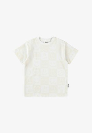 Wit T-shirt met korte mouwen met een subtiel patroon van smileygezichten in lichte tinten. Ronde halslijn en een klein merkembleem aan de zijkant.