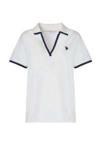 Polo shirt bianco con colletto e rifiniture delle maniche in blu navy. Dotato di una piccola apertura a bottoni e un piccolo logo ricamato sul petto.