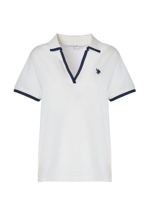 Polo shirt bianco con colletto e rifiniture delle maniche in blu navy. Dotato di una piccola apertura a bottoni e un piccolo logo ricamato sul petto.