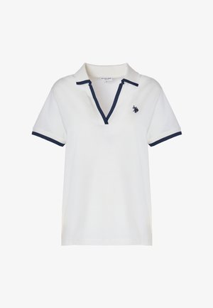 Polo shirt bianco con colletto e rifiniture delle maniche in blu navy. Dotato di una piccola apertura a bottoni e un piccolo logo ricamato sul petto.