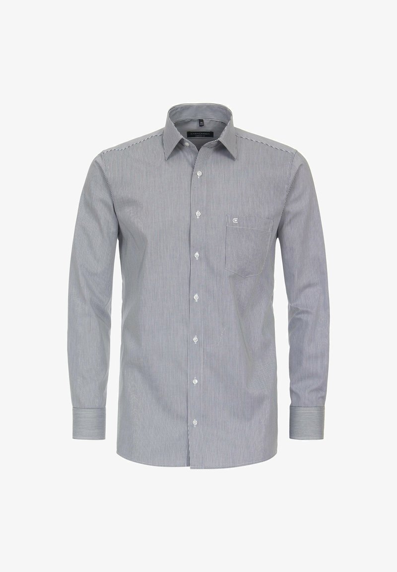 Overhemd met lange mouwen, in een blauw-witte gestreepte patroon, van soepel materiaal, met een borstzak en een klein logo.