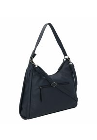 Marineblauwe leren handtas met een gestructureerde afwerking, voorzien van een schouderriem, een verstelbare crossbodyriem en een voorvak met rits.