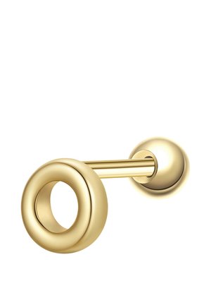 Goldfarbener Metallvorhangstangenhalter mit rundem Ring und Wandhalterung, isoliert auf weißem Hintergrund.