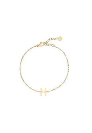 Zlatna narukvica s tankim lancem koja sadrži istaknuti ravni privezak u obliku slova "H". Uključuje kopču i podesivu duljinu lanca za savršeno pristajanje.