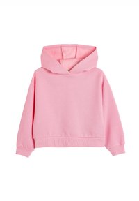 Sudadera con capucha de color rosa y diseño cropped, hecha de un suave material de algodón. Presenta puños y dobladillo de canalé, con una textura interior suave.