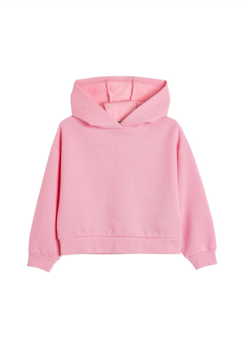 Sudadera con capucha de color rosa y diseño cropped, hecha de un suave material de algodón. Presenta puños y dobladillo de canalé, con una textura interior suave.