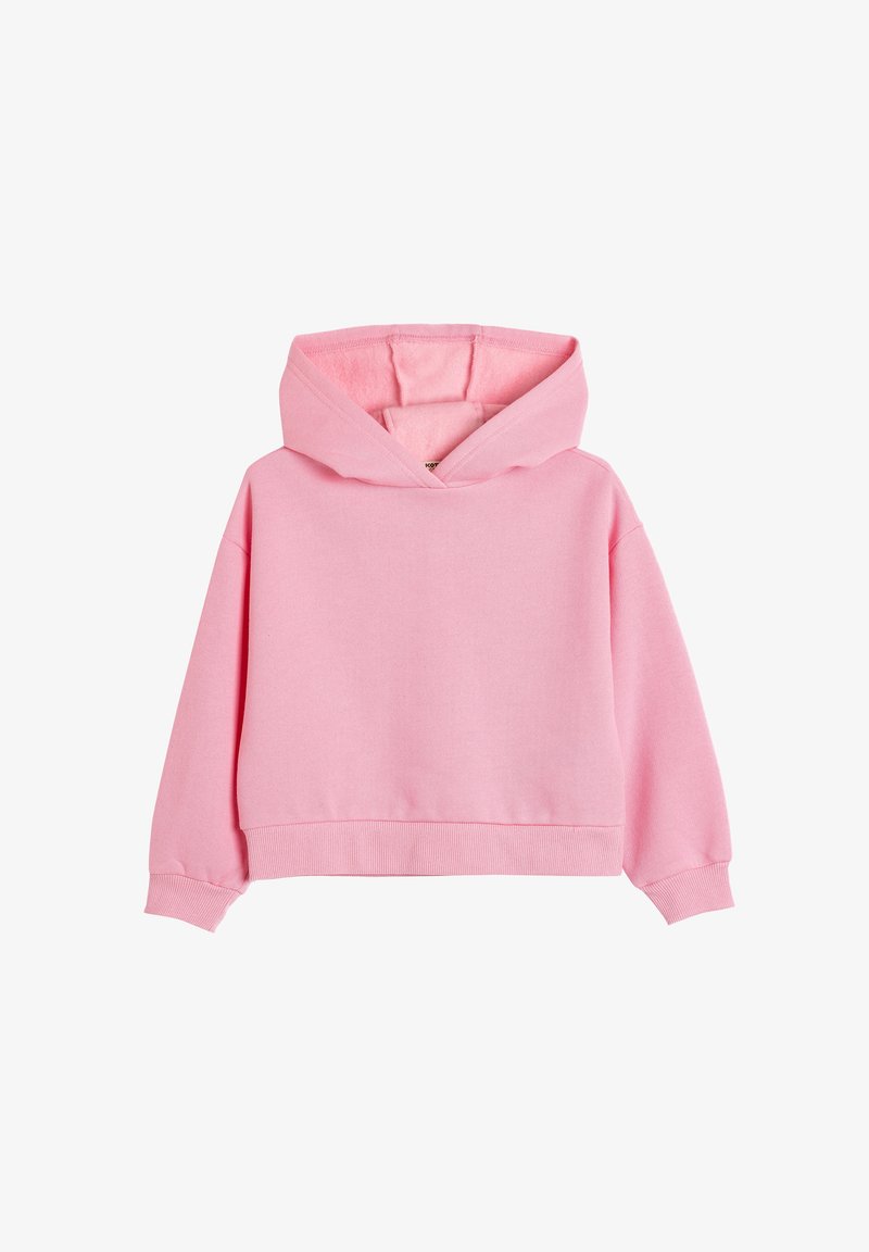 Sweatshirt à capuche rose avec un design court, fabriqué en coton doux. Présente des poignets et un ourlet côtelés, avec une texture intérieure lisse.