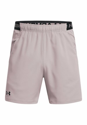 Pantalones cortos deportivos de color rosa claro con una cinturilla elástica negra que presenta el logo de Under Armour, fabricados con material transpirable y diseñados para ofrecer comodidad.