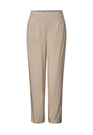 Pantalon beige à taille élastique avec deux poches avant, design à jambe fuselée et texture lisse. Convient pour une tenue décontractée ou relaxée.