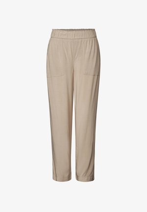 Pantalon beige à taille élastique avec deux poches avant, design à jambe fuselée et texture lisse. Convient pour une tenue décontractée ou relaxée.