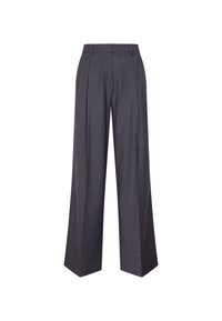 Brede broekspijpen in donkergrijze stof met subtiele streepjes. Heeft een op maat gemaakte taille en scherpe plooien voor een gestructureerde uitstraling.