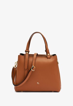 Borsa a tracolla in pelle marrone con texture, dotata di doppio manico e tracolla rimovibile. Presenta hardware in tono oro e un dettaglio con logo sul fronte.