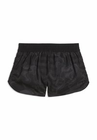 Μαύρο αθλητικό σορτς με διακριτικά κυματιστά σχέδια, ελαστική μέση και κυρτές πλευρικές ραφές, εμφανίζεται επίπεδο σε λευκό φόντο.