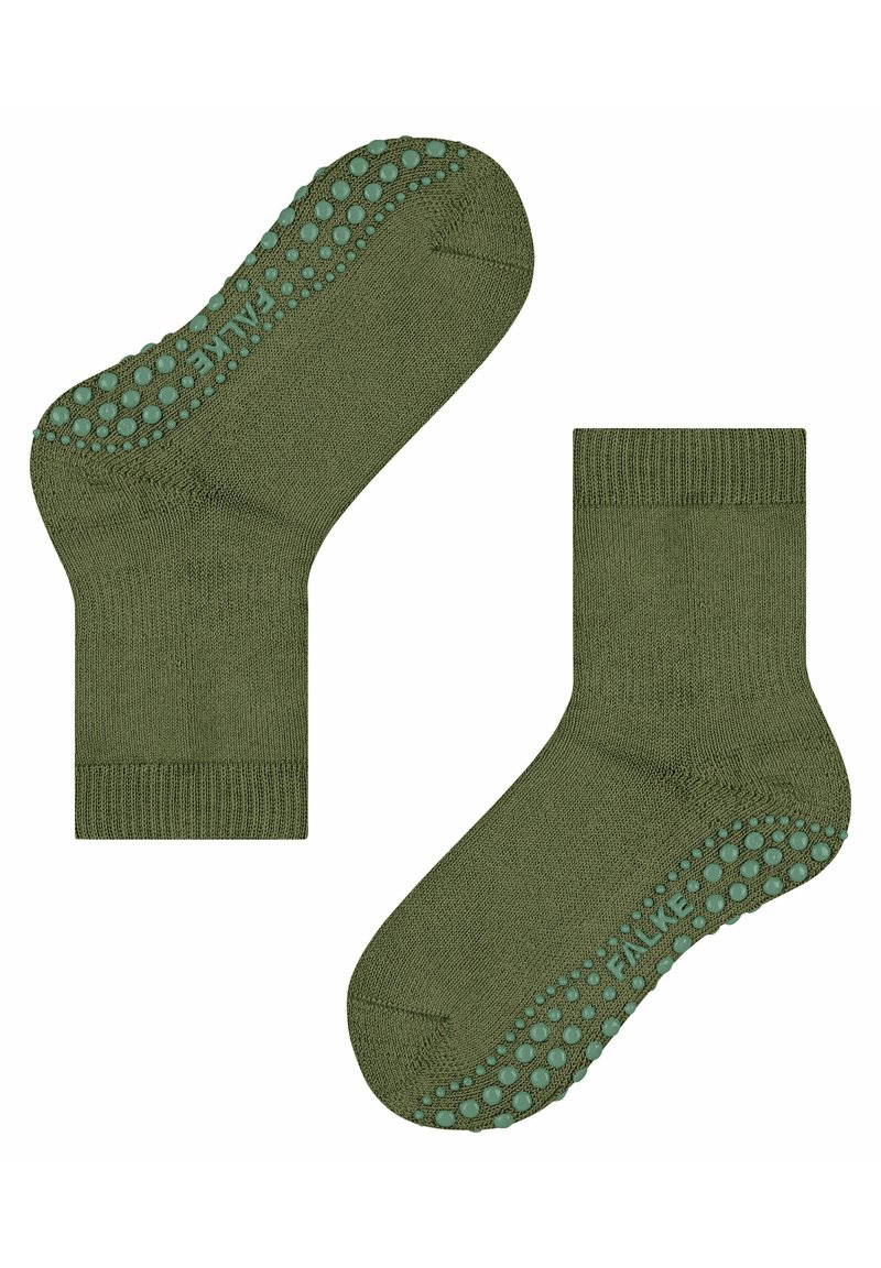 Skarpetki w oliwkowym kolorze z teksturowanej tkaniny, z prążkowanym ściągaczem i silikonowymi punktami antypoślizgowymi na spodzie dla lepszej przyczepności. Przeznaczone do użytku wewnętrznego.
