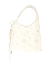 Top en dentelle blanche avec des découpes florales, ourlet à volants, bretelles ajustables et coupe décontractée. Tissu léger avec des détails texturés.