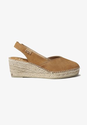 Rudos suediniai slingback espadriliai su smailiu pirštu, austas jūtos platforma ir guminis padas; turi toninį siuvimo ornamentą ir logotipo etiketę.