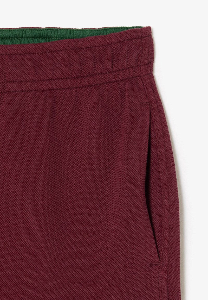 Pantaloni corti bordeaux con una cintura verde rigata, realizzati in tessuto testurizzato e dotati di tasche laterali, con dettagli di cucitura lungo le cuciture.