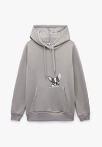 Felpa grigia con cappuccio, dotata di una tasca frontale e un design di un bulldog francese in stile cartone animato, in bianco, nero e rosa, sull'area della tasca.
