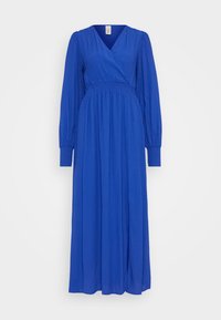 Abito lungo blu avvolgente in tessuto testurizzato, con scollatura a V e maniche lunghe a sbuffo. Presenta una vita aderente e una gonna fluente.