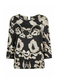 Schwarze Bluse mit beigem abstraktem Muster, runder Ausschnitt, 3/4-Ärmel und einer kleinen Öffnung am Rücken. Glatte Stoffstruktur.