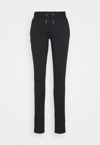 Zwarte, slim-fit trainingsbroek van zacht stof, met een trekkoord in de taille en aangesloten boorden bij de enkels.