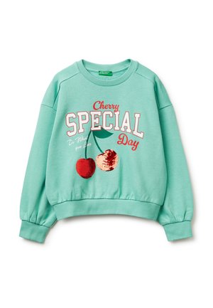 Mintgrünes Sweatshirt mit Kirschgrafik und den Texten "Cherry Special Day" und "Do What You Love", mit gerippten Bündchen und Saum.