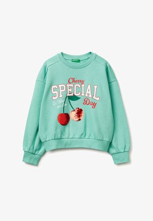 Sudadera verde menta con gráfico de cereza y texto "Día Especial de la Cereza" y "Haz lo que amas", con puños y dobladillo acanalados.