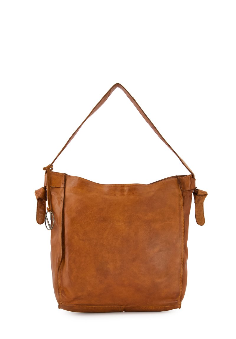 Braune Lederhandtasche mit einem einzelnen Schulterriemen, weicher Textur, unstrukturiertem Format und einer Seiten Tasche mit silbernen Hardware-Elementen.